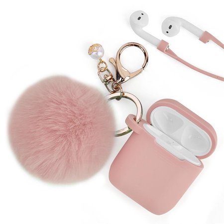 IPHONE iPhone CAAP-FURB-PK Furbulous Collection 3 in 1 Thick Silicone TPU Case with Fur Ball Ornament Key Chain & Strap & for Airpods - Peach Pink CAAP-FURB-PK